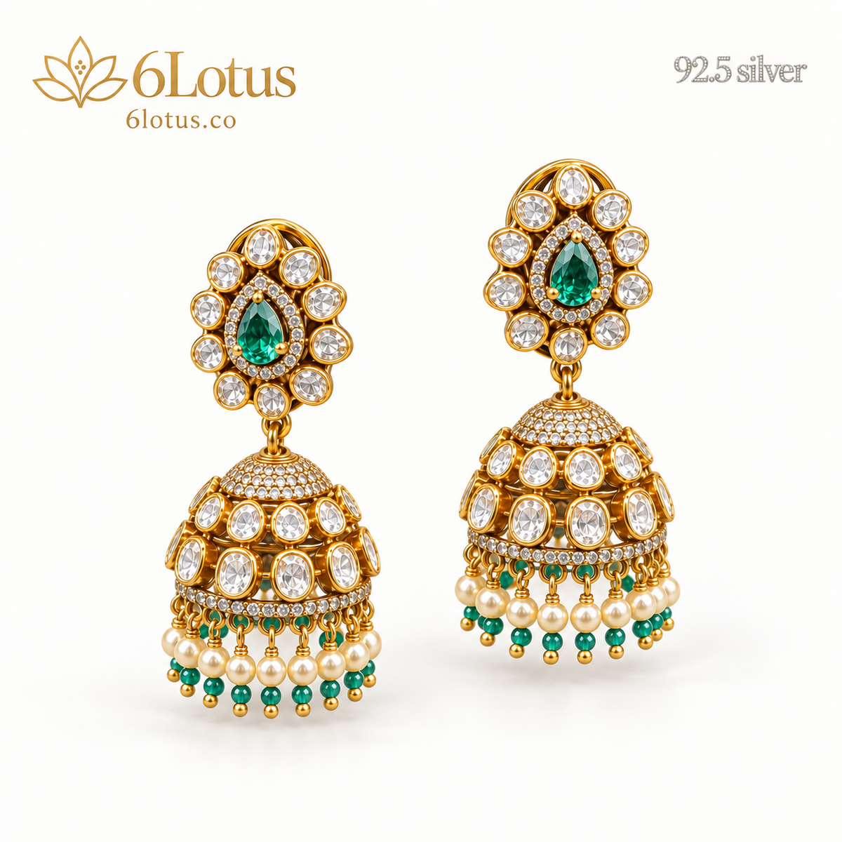 1002 green jhumka earrings on a white background