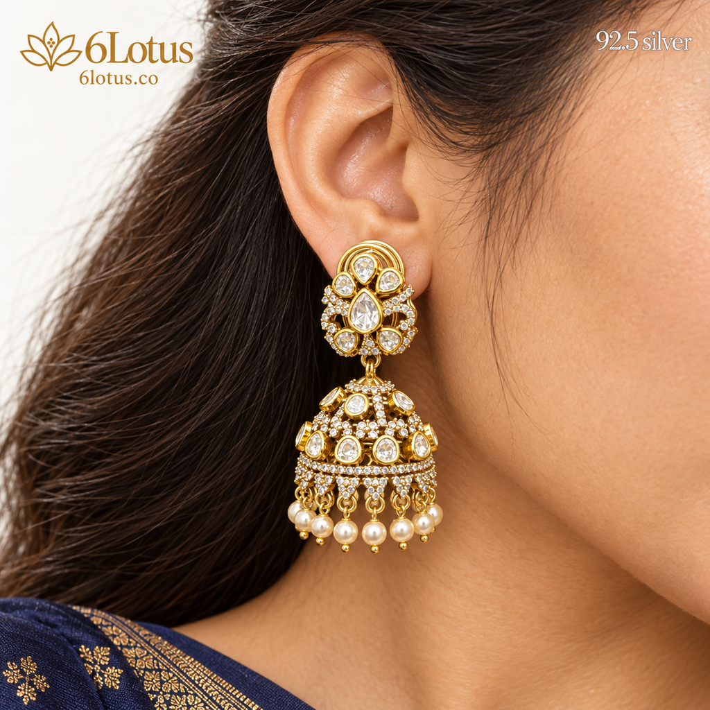 Clear Kundan Pearl Jhumka Earrings — detail — 1003