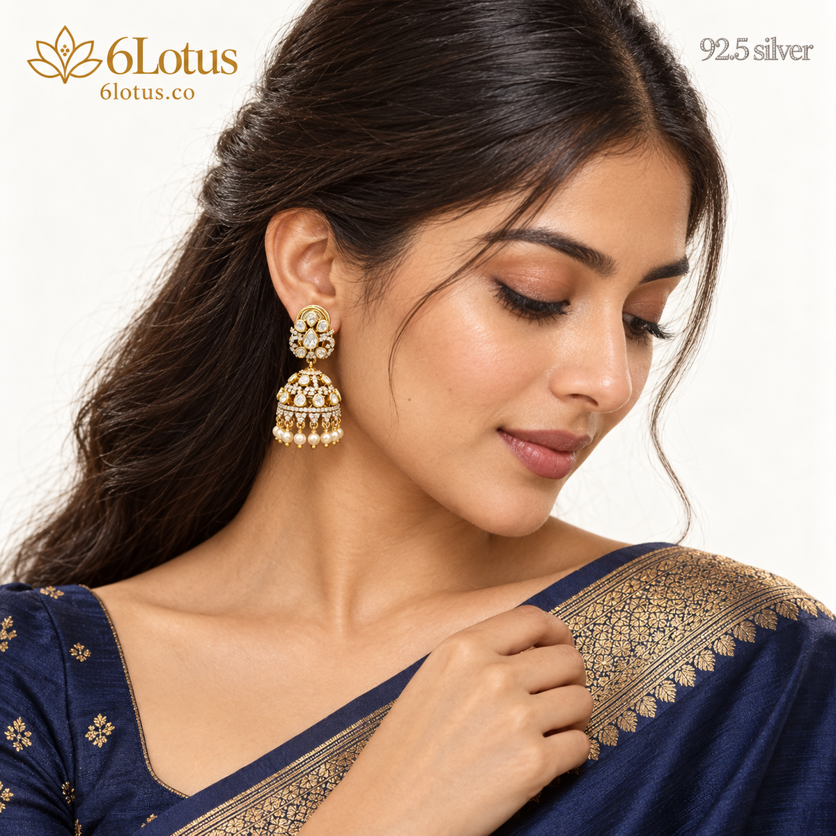 Clear Kundan Pearl Jhumka Earrings — portrait — 1003