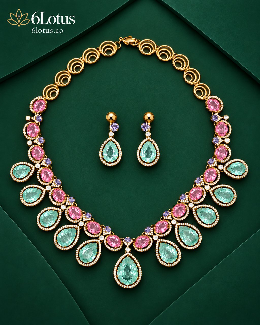 6Lotus 1004 Blush Aqua Teardrop 92.5 Silver Necklace Set hero image