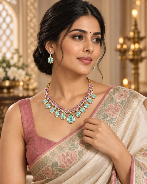 Blush Aqua Teardrop 92.5 Silver Necklace Set model-saree styling image