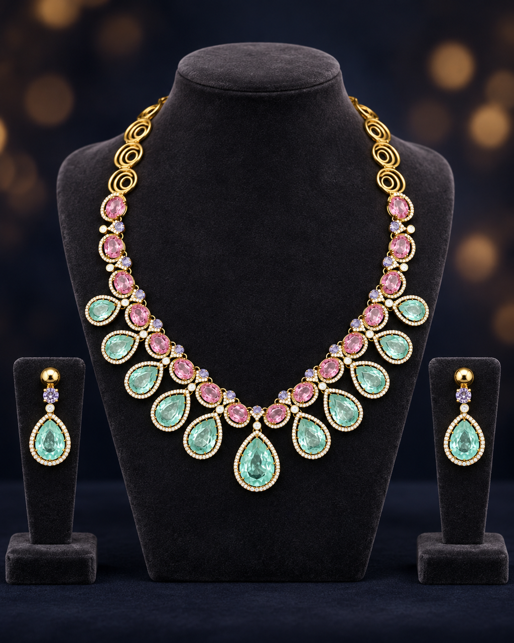 Blush Aqua Teardrop 92.5 Silver Necklace Set on a display stand