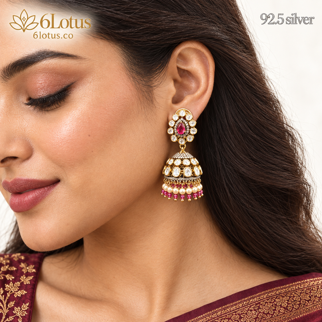 Ruby Pink Kundan Jhumka Earrings — detail — 1005