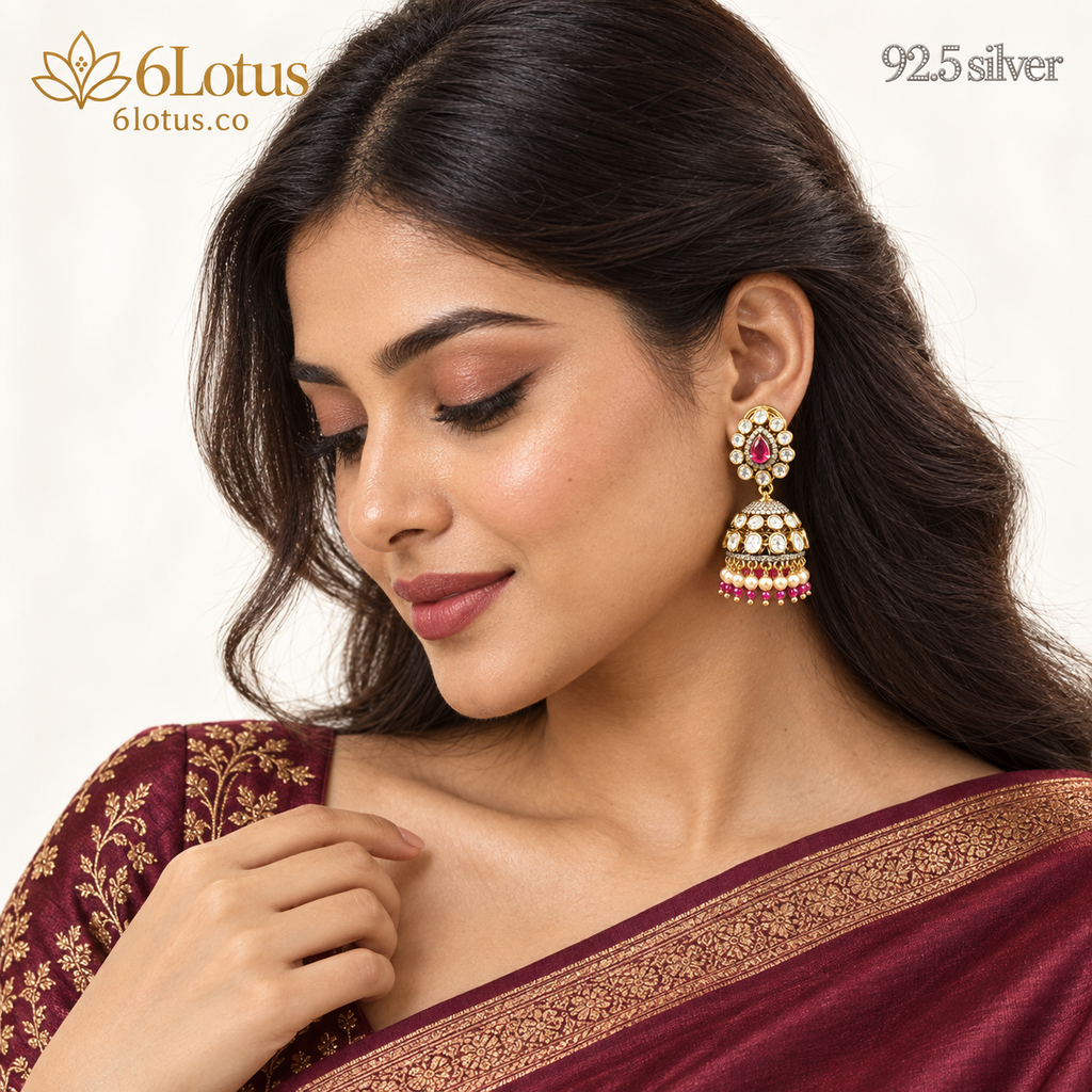 Ruby Pink Kundan Jhumka Earrings — portrait — 1005