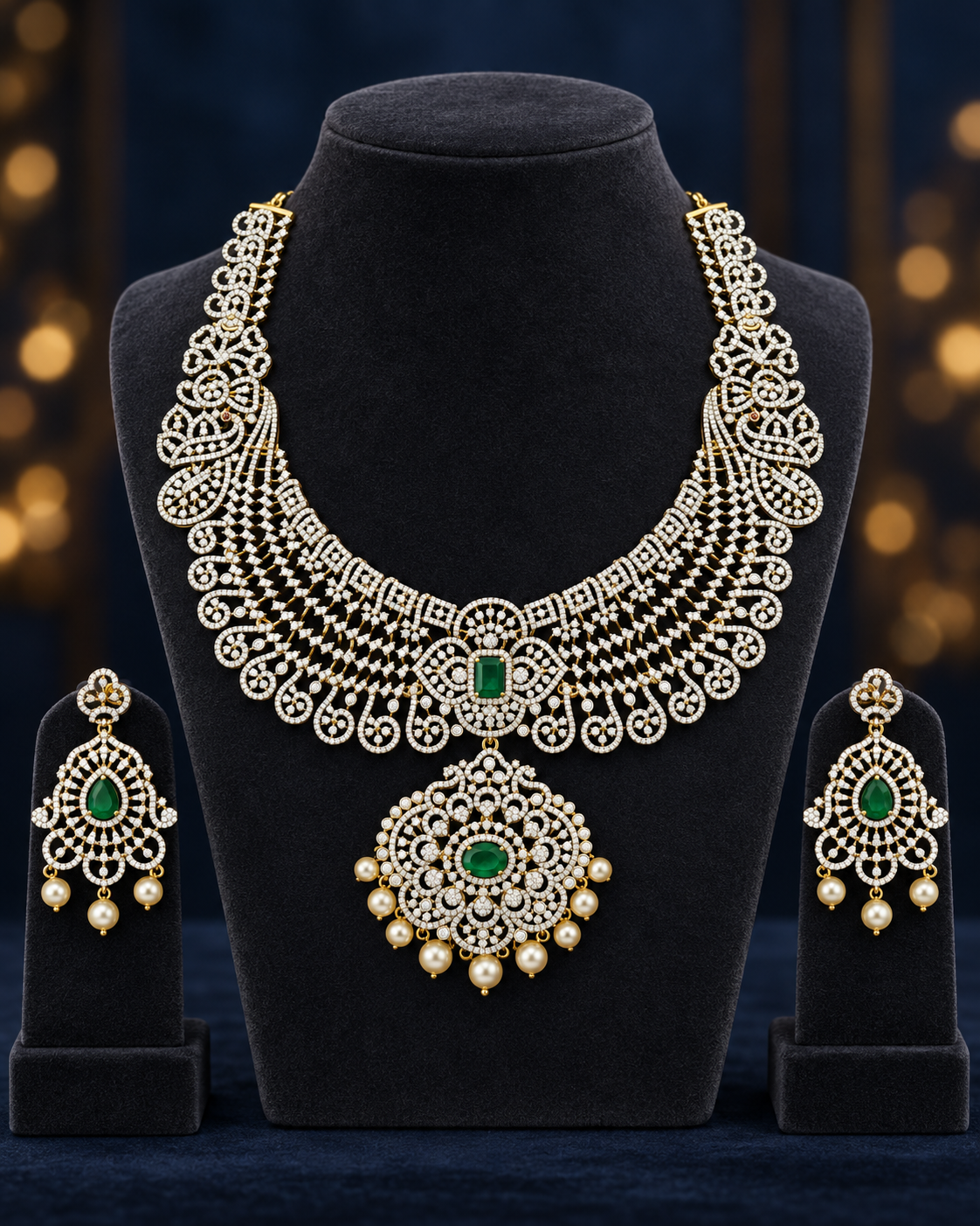 Emerald Peacock Filigree 92.5 Silver Necklace Set on a display stand