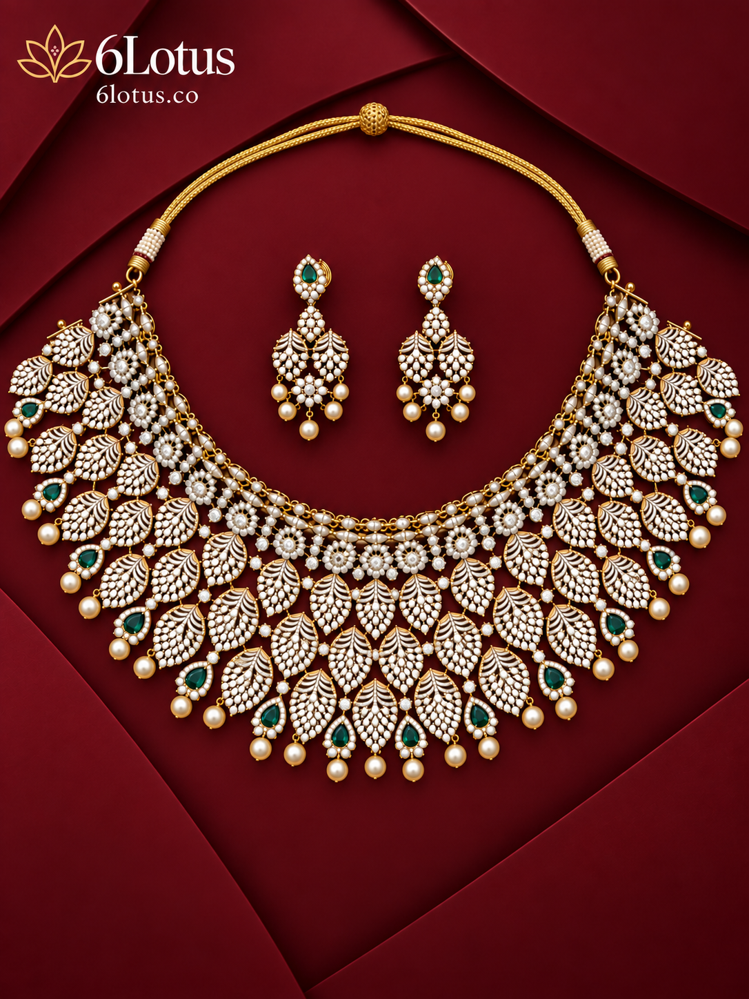 6Lotus 1009 Emerald Leaf Cascade 92.5 Silver Necklace Set hero image