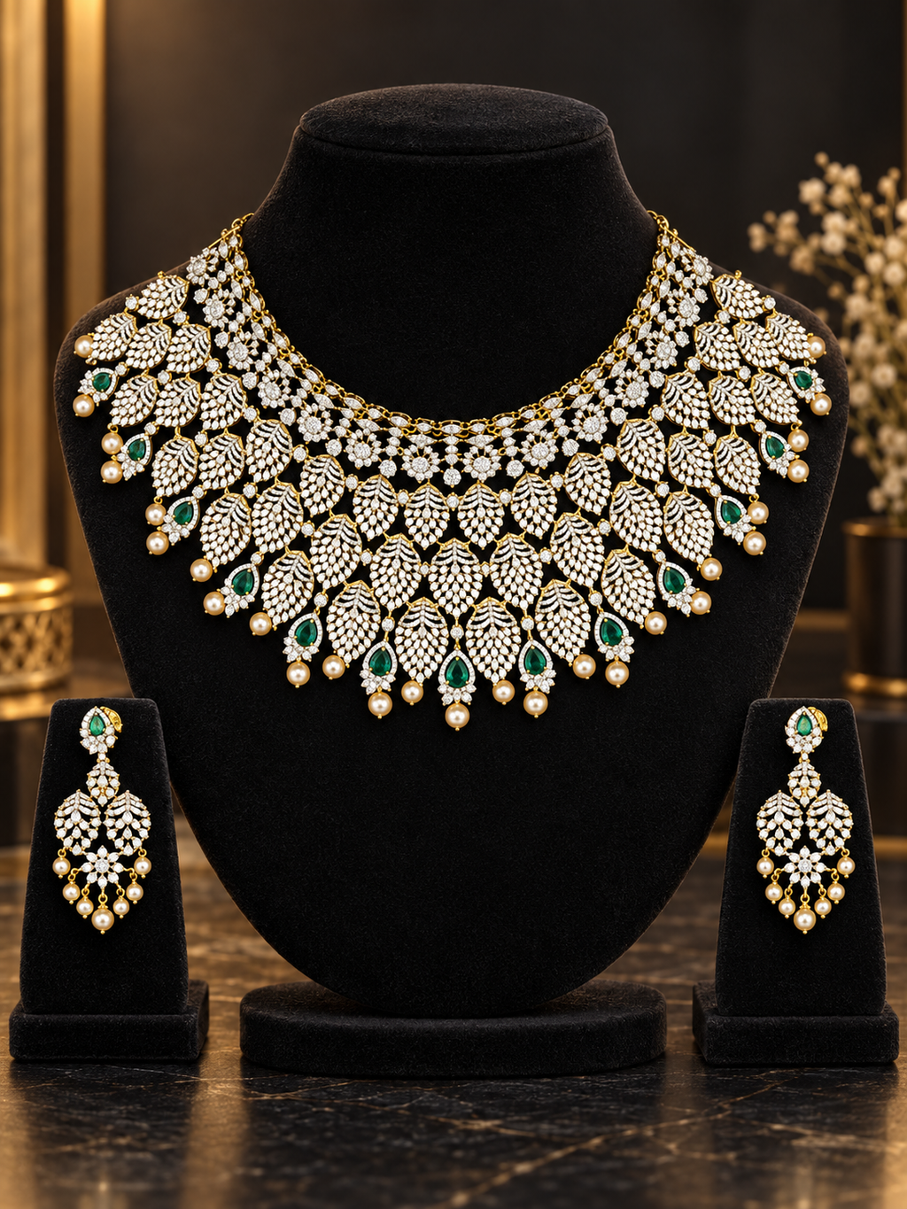 Emerald Leaf Cascade 92.5 Silver Necklace Set on a display stand