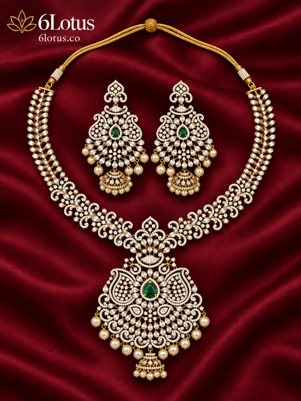 6Lotus 1010 Emerald Paisley Pendant 92.5 Silver Necklace Set hero image