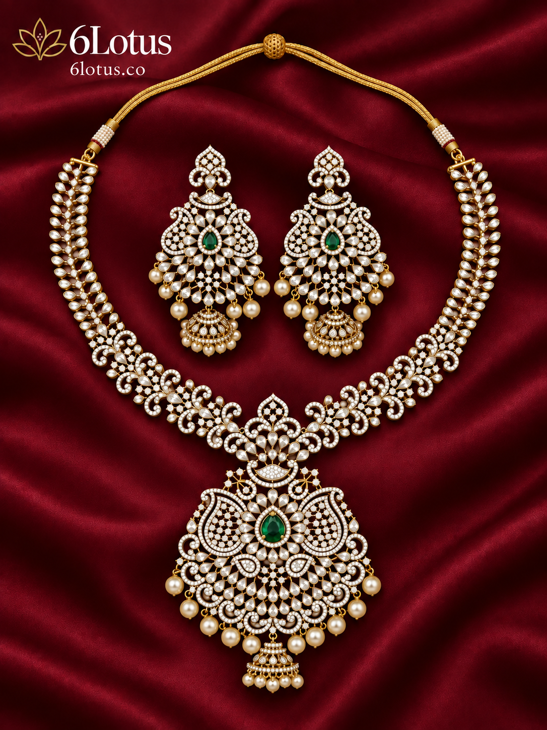 6Lotus 1010 Emerald Paisley Pendant 92.5 Silver Necklace Set hero image