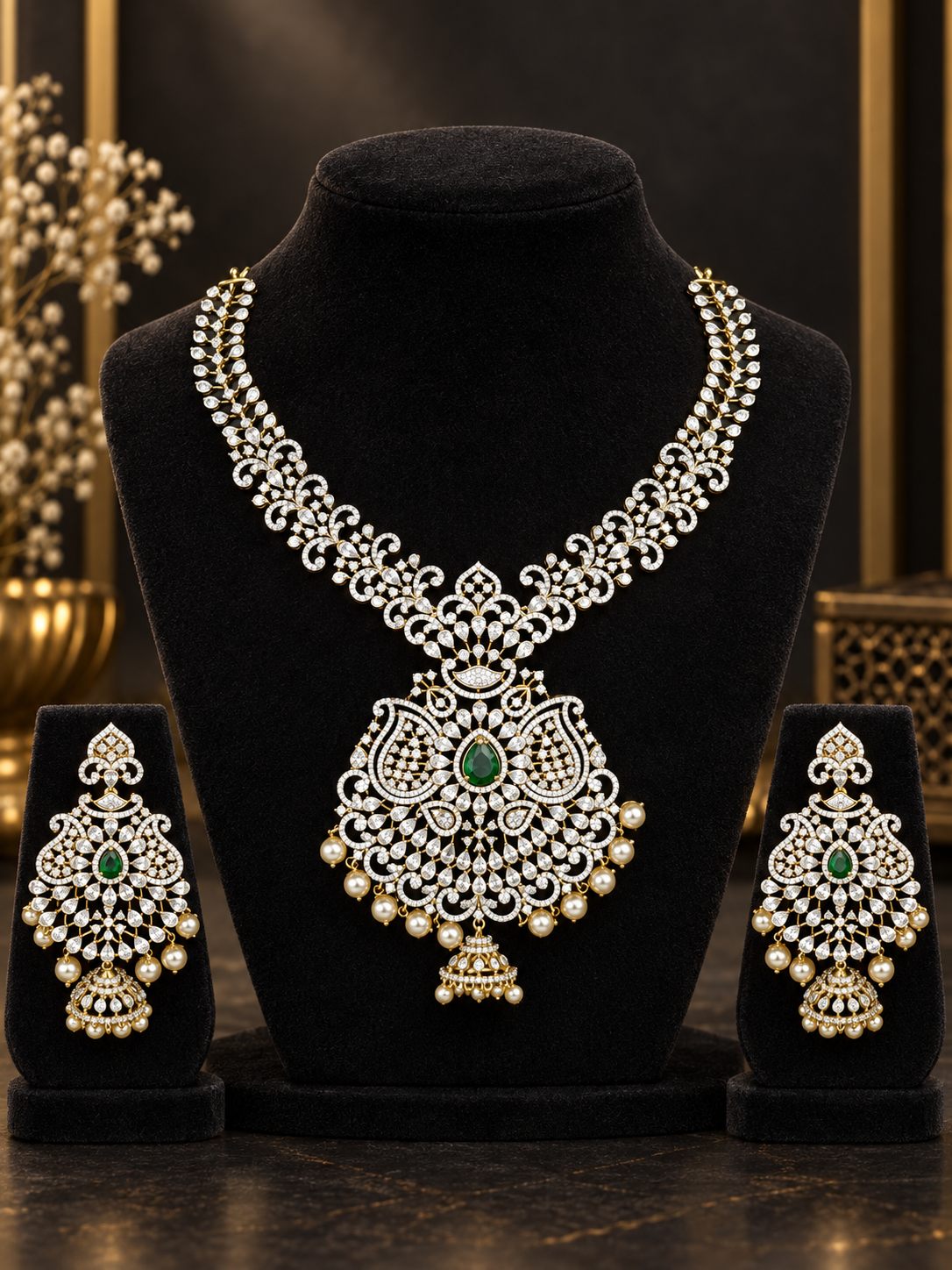 Emerald Paisley Pendant 92.5 Silver Necklace Set on a display stand