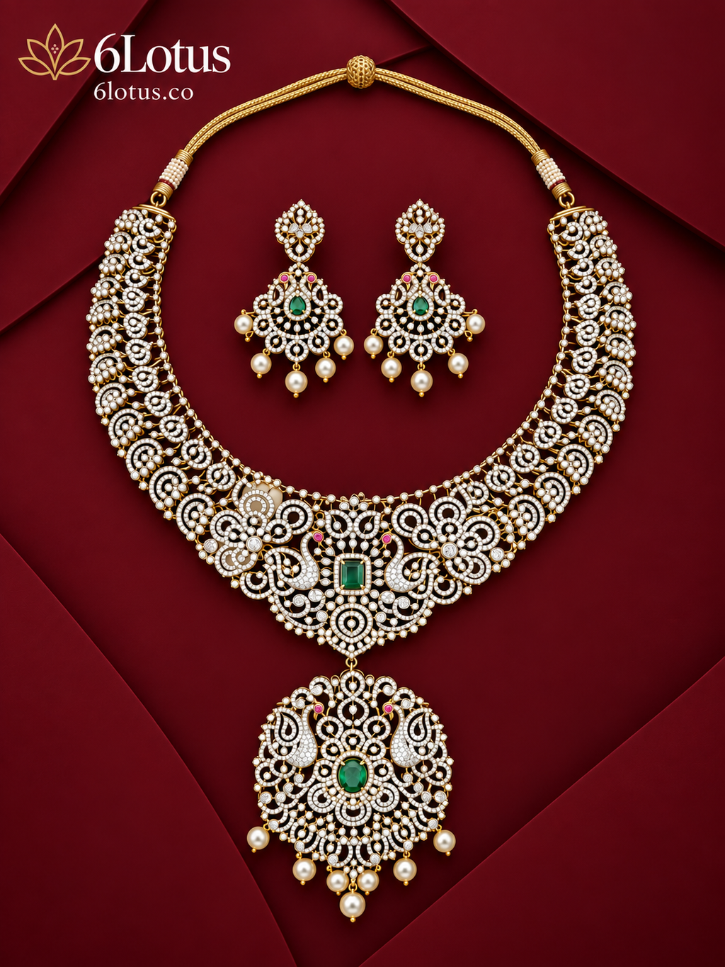 6Lotus 1012 Emerald Peacock Medallion 92.5 Silver Necklace Set hero image