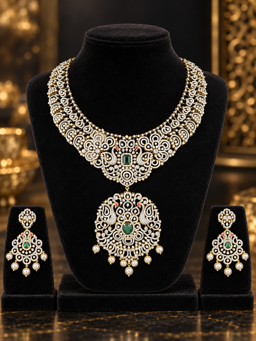 Emerald Peacock Medallion 92.5 Silver Necklace Set on a display stand
