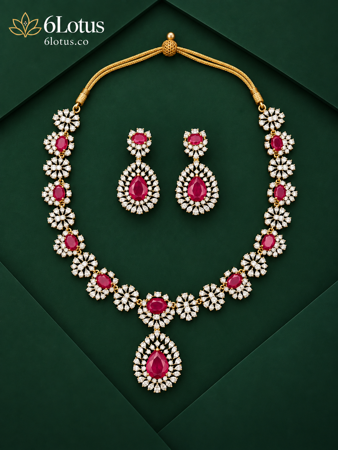 6Lotus 1013 Ruby Floral Halo 92.5 Silver Necklace Set hero image