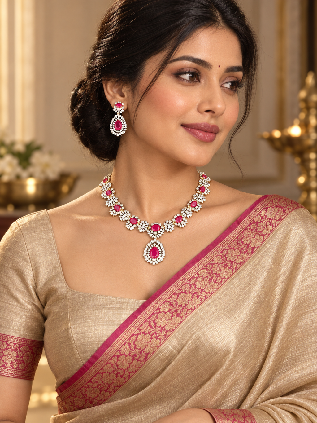 Ruby Floral Halo 92.5 Silver Necklace Set model styling image