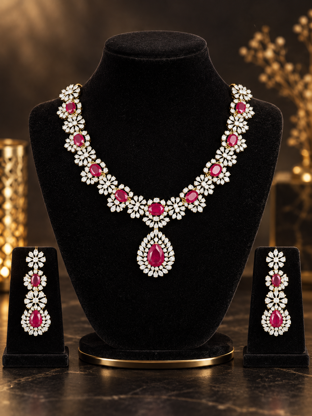 Ruby Floral Halo 92.5 Silver Necklace Set on a display stand