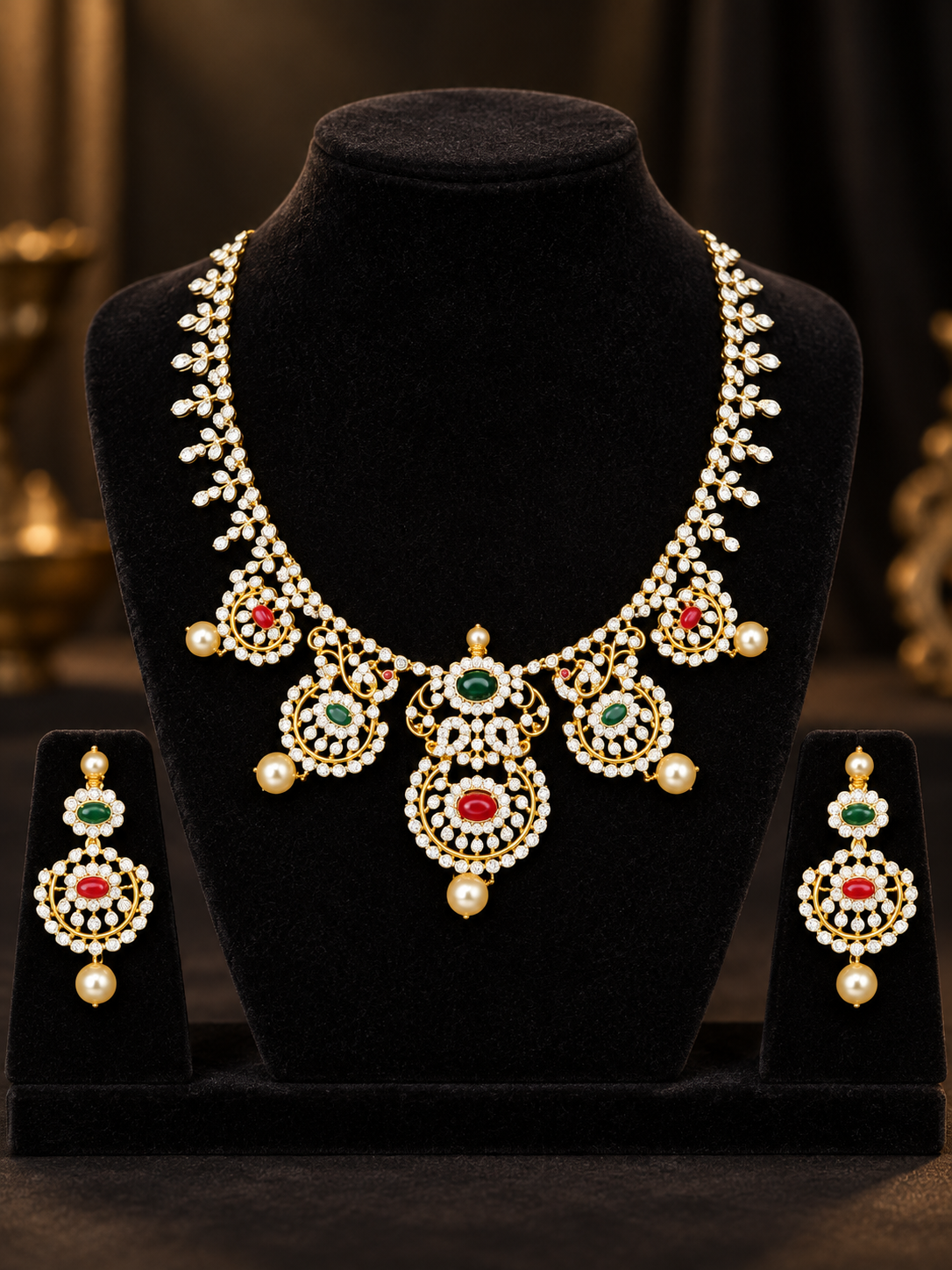Ruby Emerald Vine 92.5 Silver Necklace Set on a display stand
