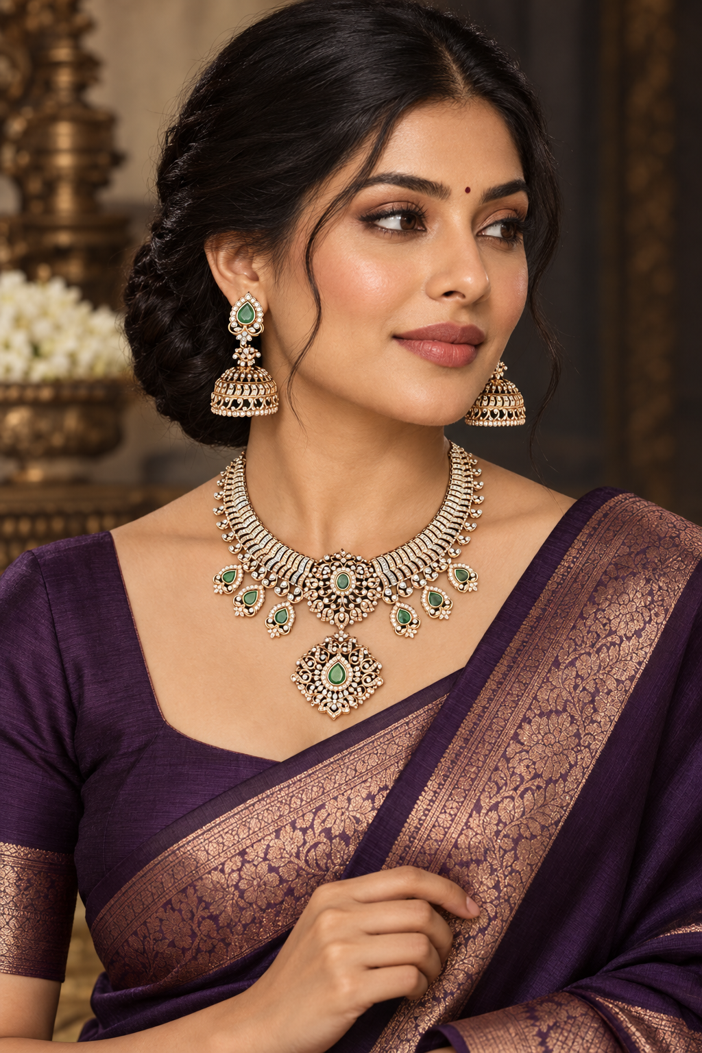 Emerald Jhumka Statement 92.5 Silver Necklace Set model styling image