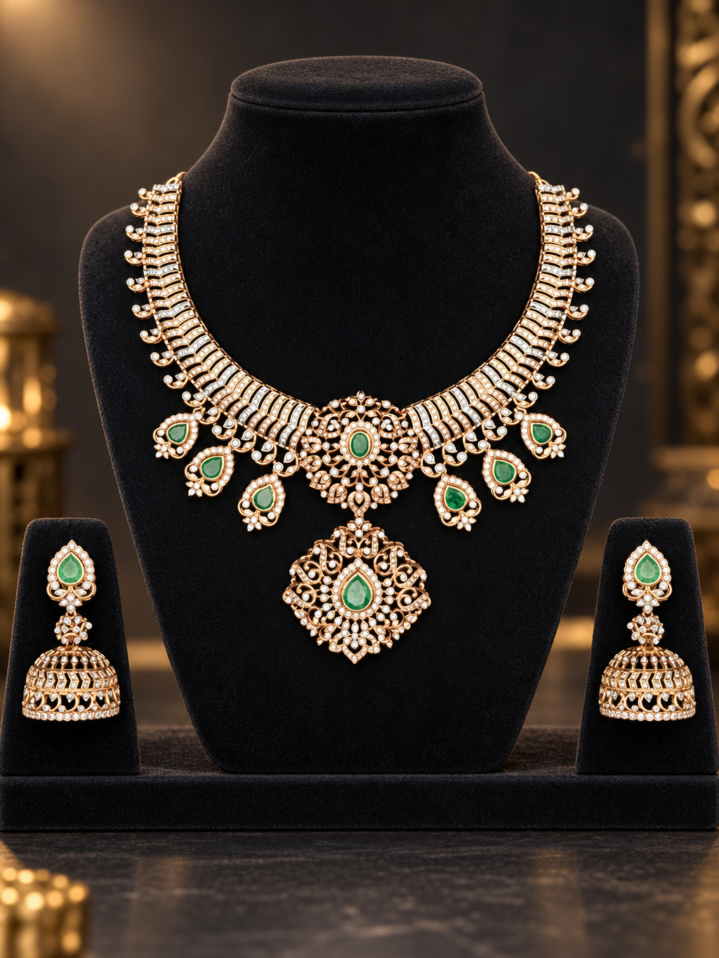Emerald Jhumka Statement 92.5 Silver Necklace Set on a display stand