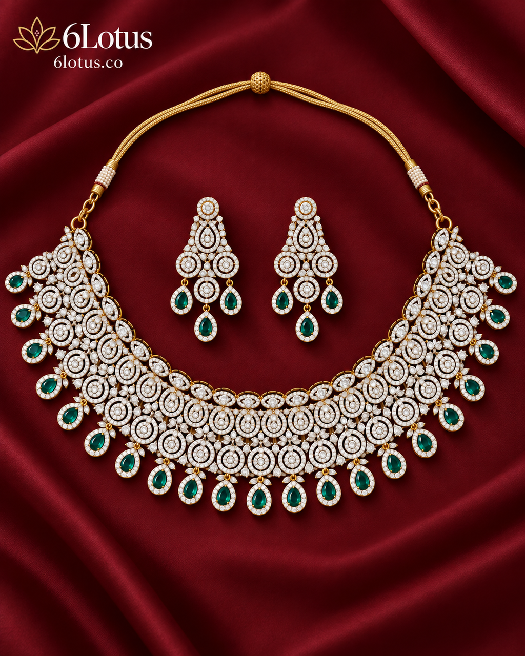 6Lotus 1016 Emerald Teardrop Cascade 92.5 Silver Necklace Set hero image