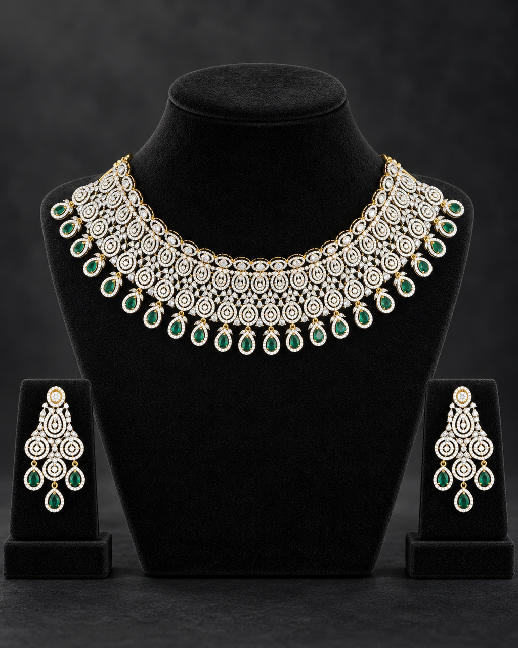Emerald Teardrop Cascade 92.5 Silver Necklace Set on a display stand