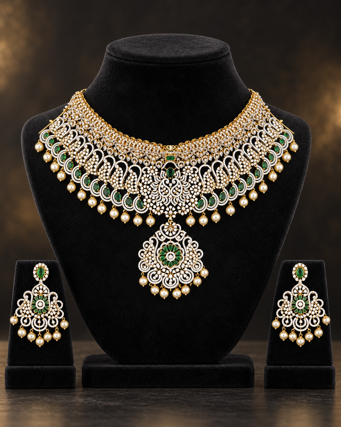 Emerald Peacock Collar 92.5 Silver Necklace Set on a display stand