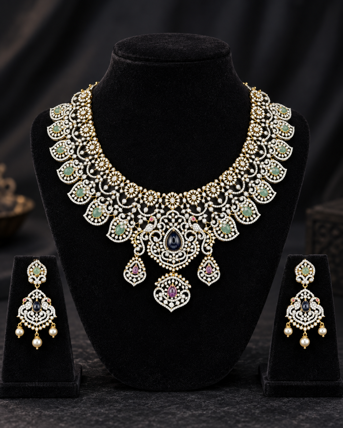 Pastel Peacock 92.5 Silver Necklace Set on a display stand