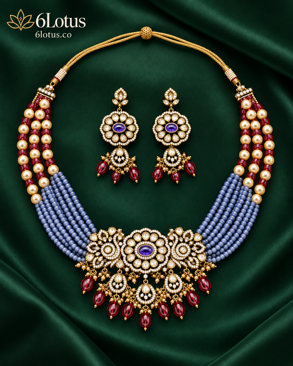 6Lotus 1019 Ruby Periwinkle Beaded 92.5 Silver Necklace Set hero image