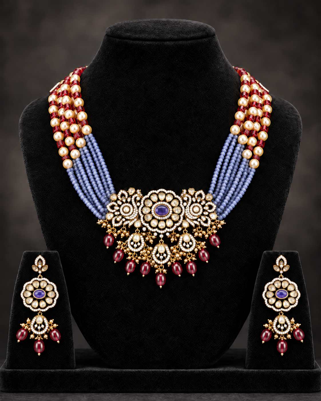 Ruby Periwinkle Beaded 92.5 Silver Necklace Set on a display stand