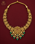 1020 temple necklace with seven green drops on maroon background