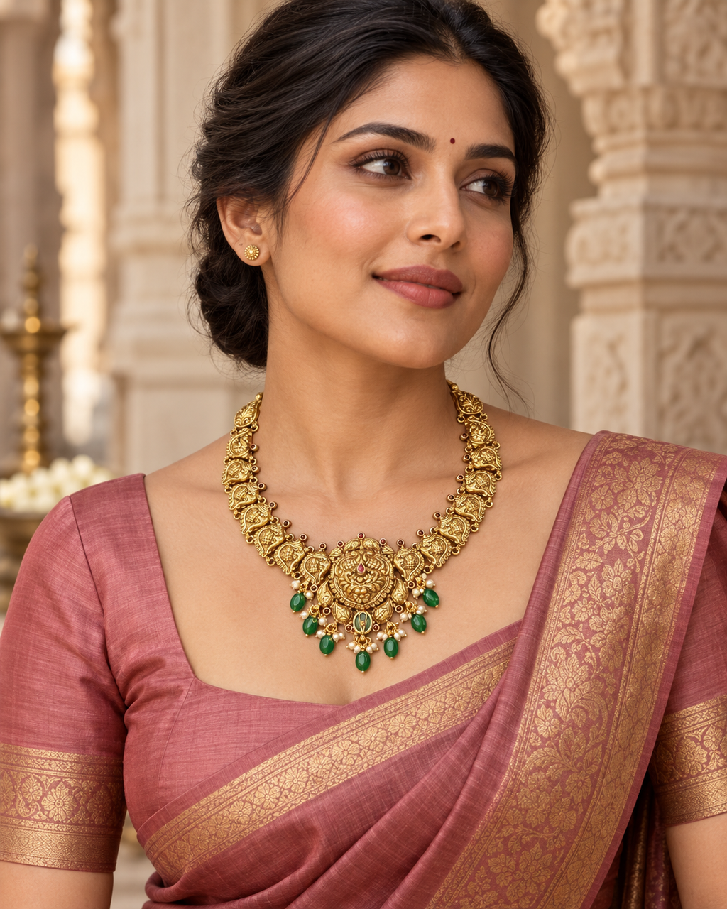 1020 necklace styled with a rose saree; model earrings not included