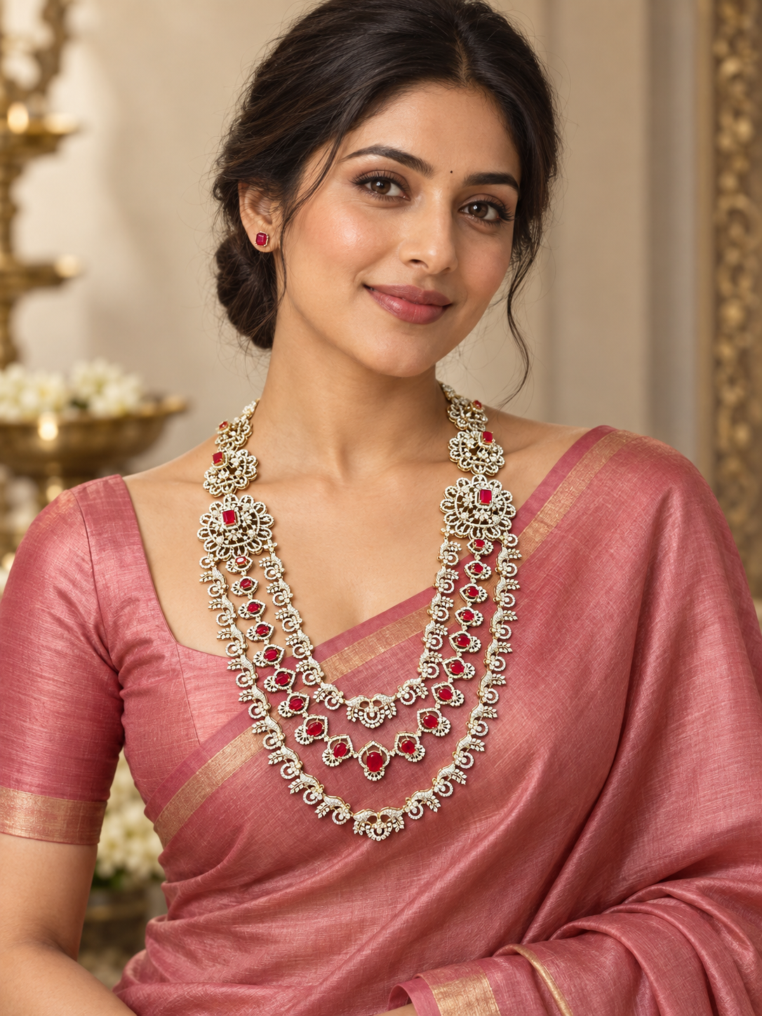 1024 Ruby-Red Three-Strand Haar Necklace — model in rose saree