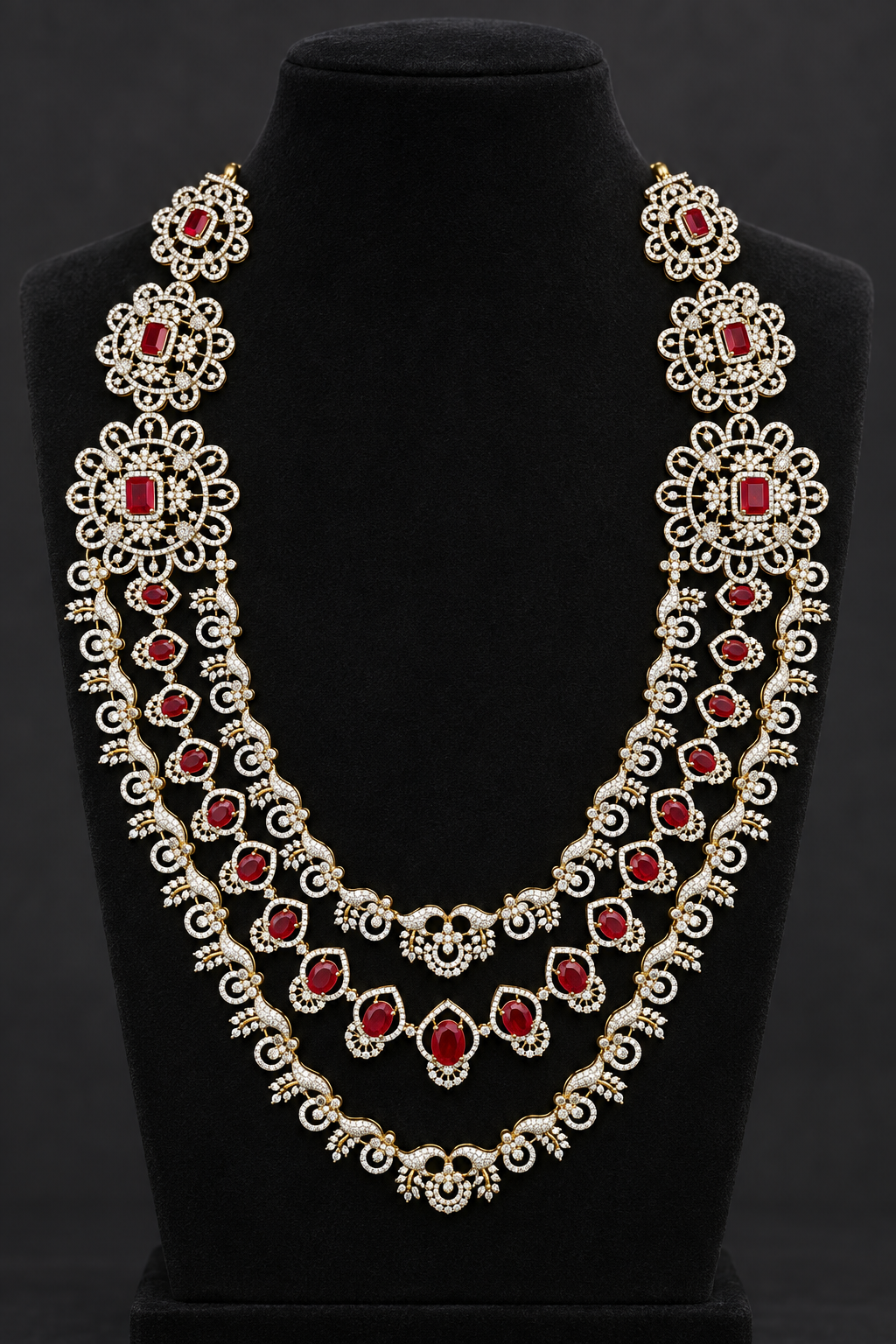 1024 ruby-red three-strand silver necklace — stand