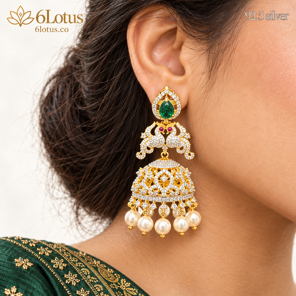 Green Peacock Pearl Jhumka Earrings — detail — 1025