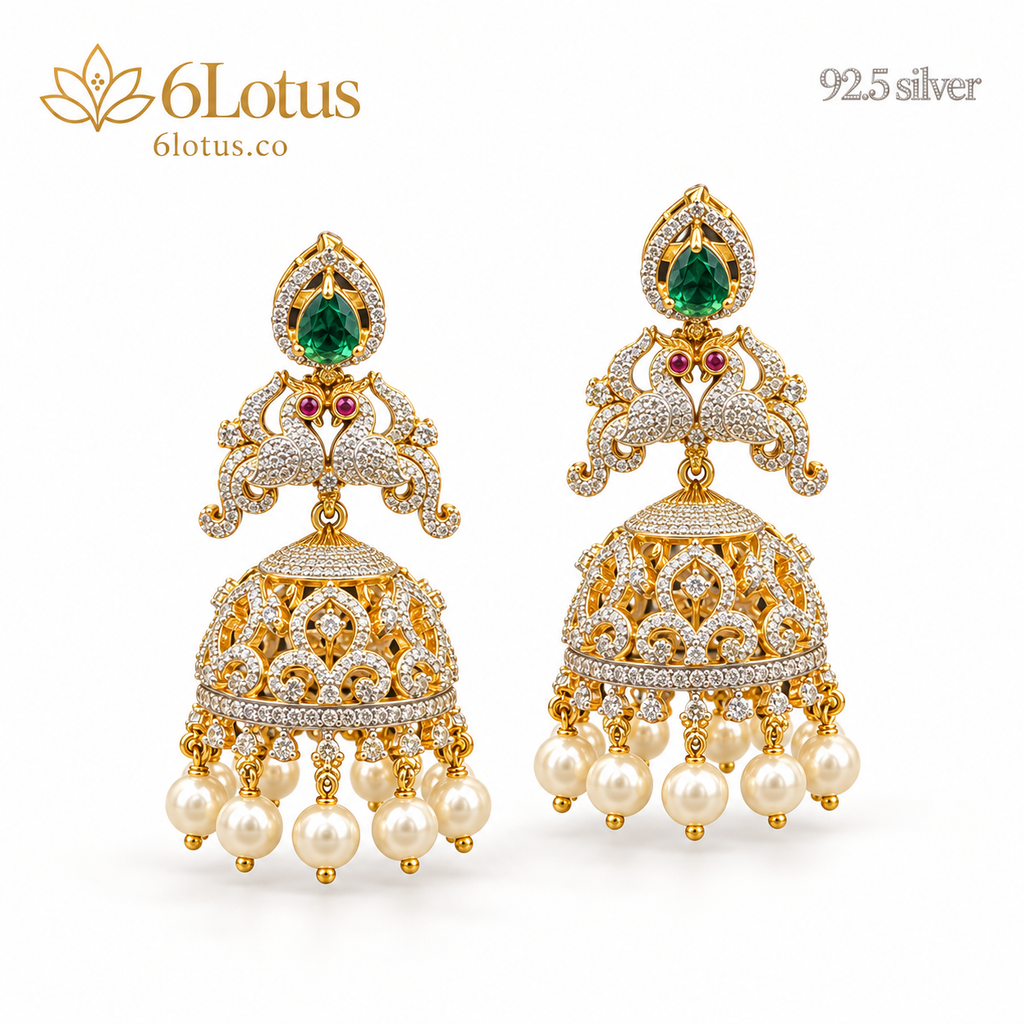 Green Peacock Pearl Jhumka Earrings — hero — 1025