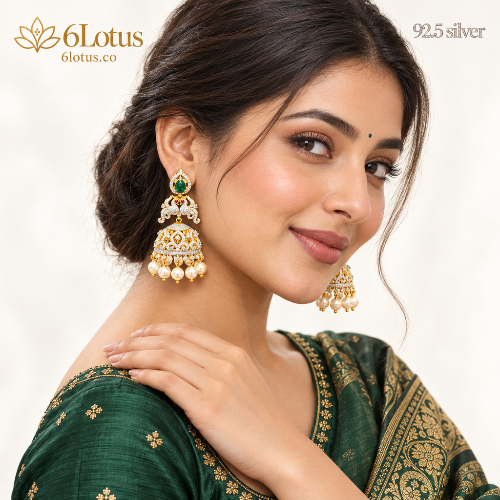 Green Peacock Pearl Jhumka Earrings — portrait — 1025
