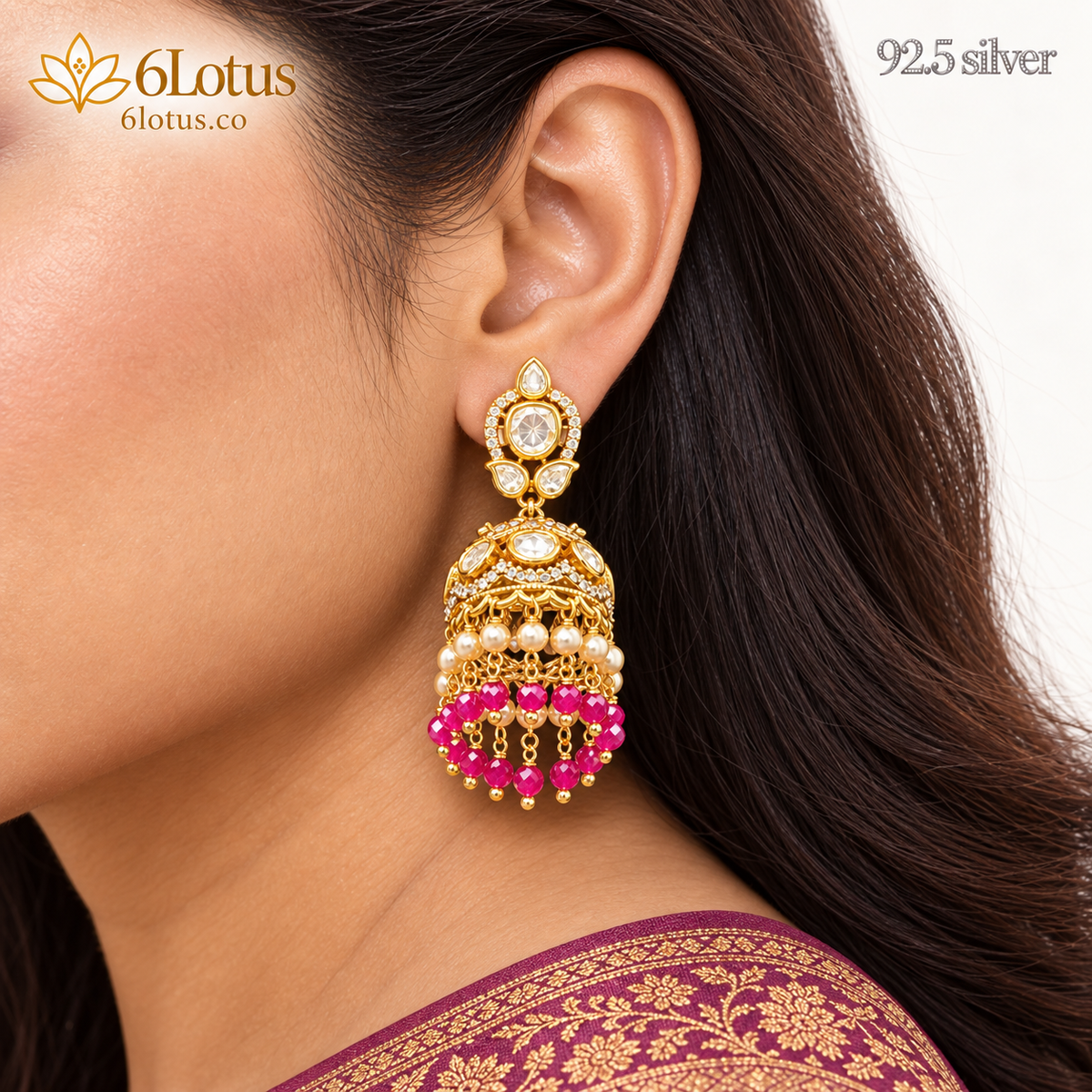 Pink Bead Kundan Jhumka Earrings — detail — 1026