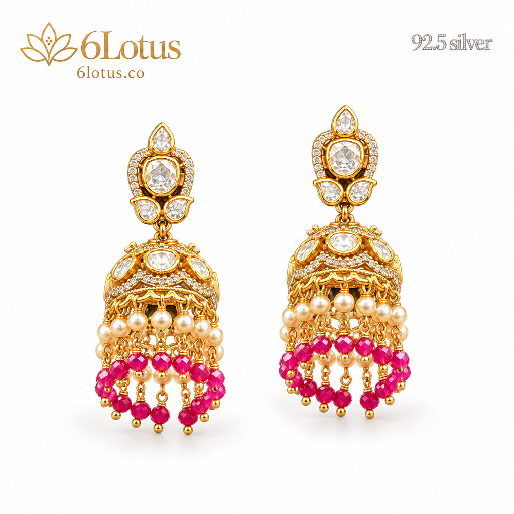 Pink Bead Kundan Jhumka Earrings — hero — 1026