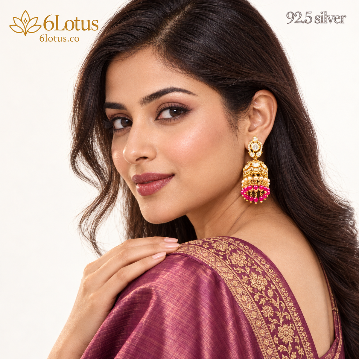 Pink Bead Kundan Jhumka Earrings — portrait — 1026