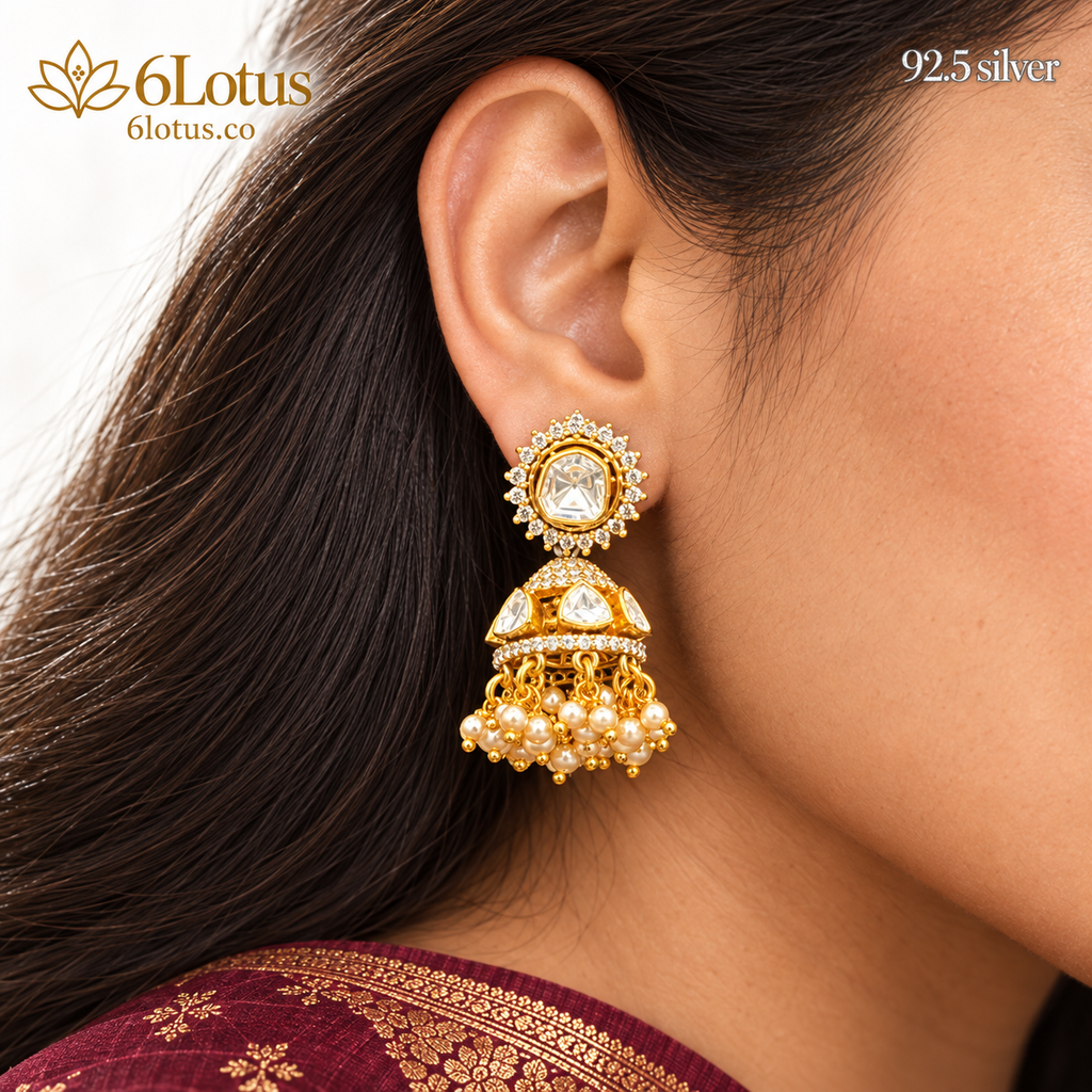 Classic Pearl Kundan Jhumka Earrings — detail — 1027