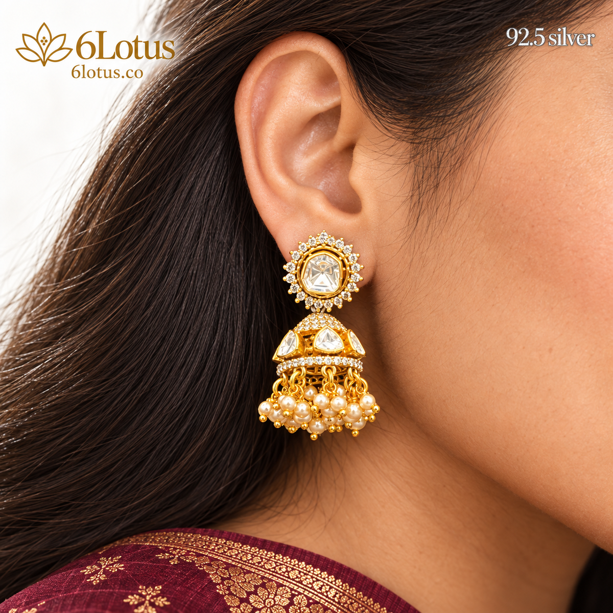 Classic Pearl Kundan Jhumka Earrings — detail — 1027
