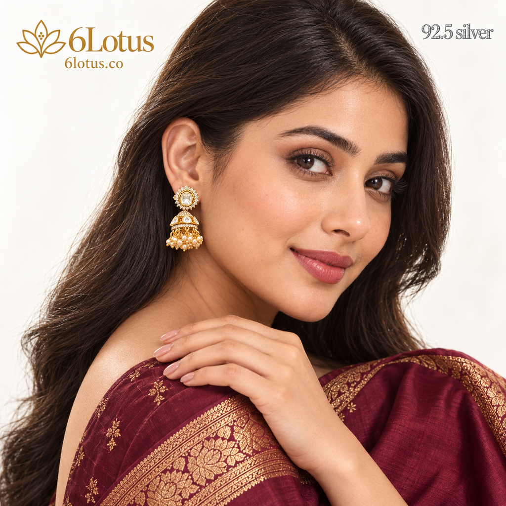 Classic Pearl Kundan Jhumka Earrings — portrait — 1027