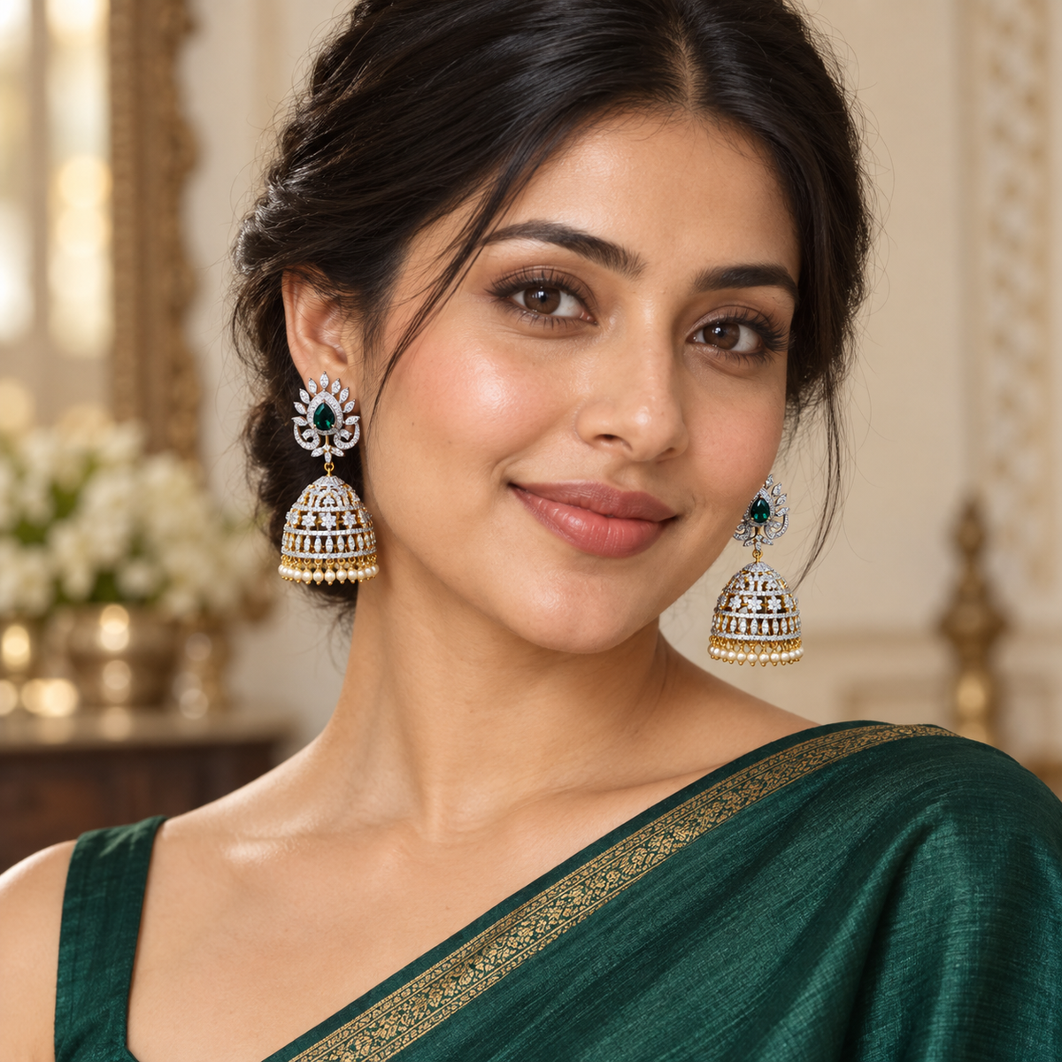 Emerald Diamond Jumka — 1028 — model wearing emerald saree