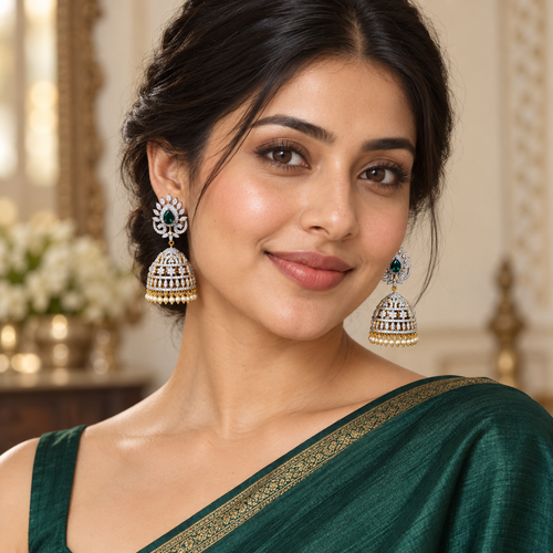 Emerald Diamond Jumka — 1028 — model wearing emerald saree