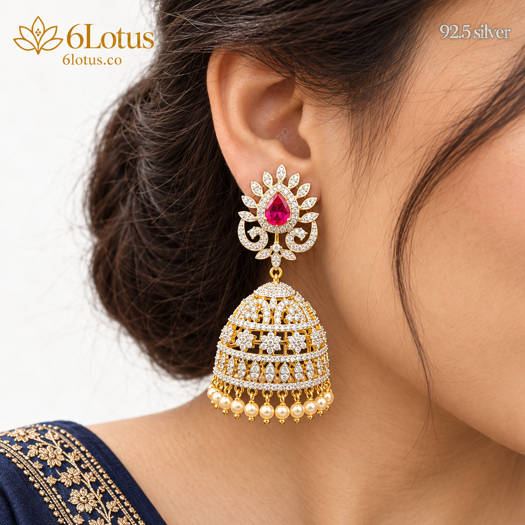 Pink Floral Lattice Jhumka Earrings — detail — 1029