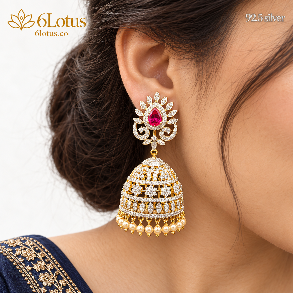 Pink Floral Lattice Jhumka Earrings — detail — 1029