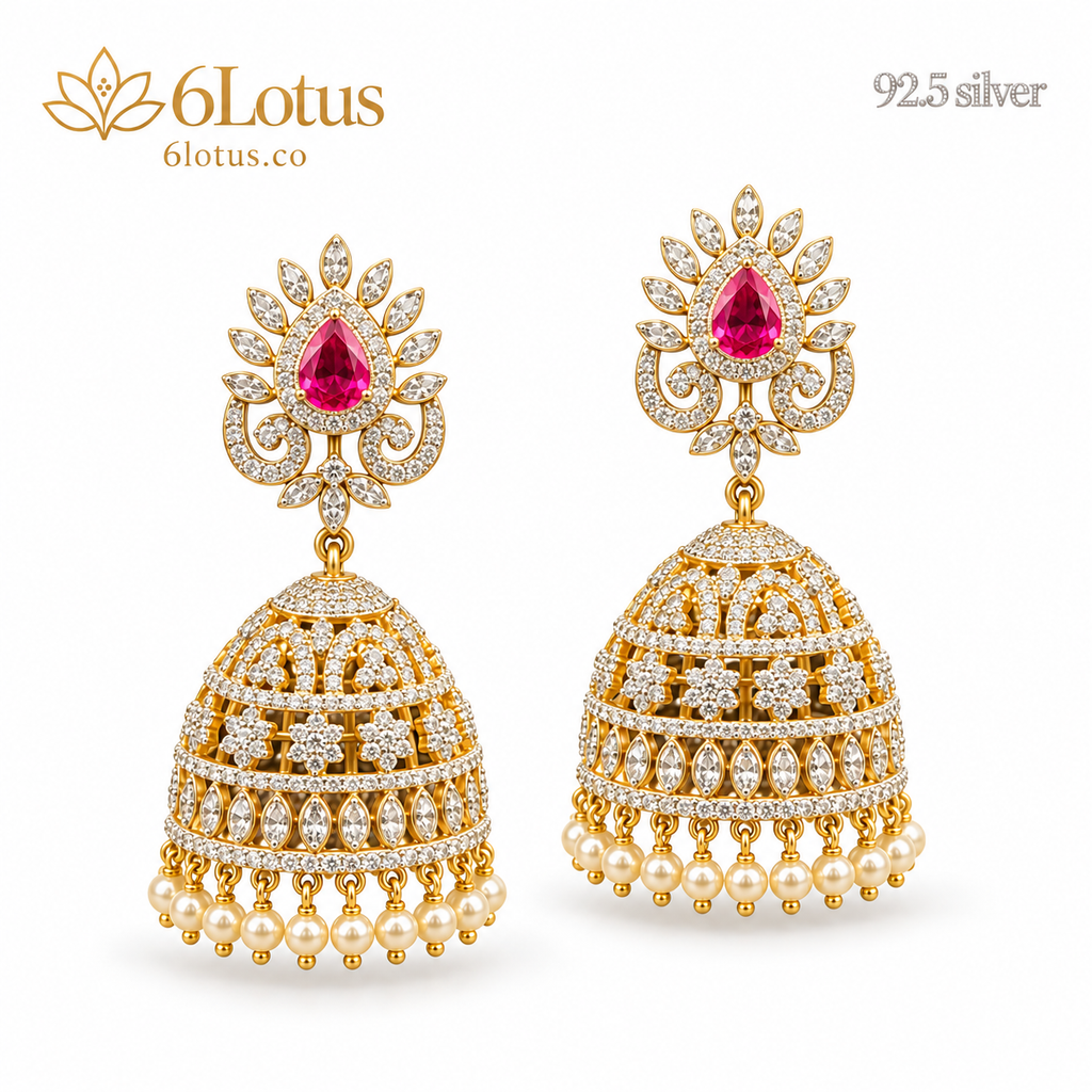 Pink Floral Lattice Jhumka Earrings — hero — 1029