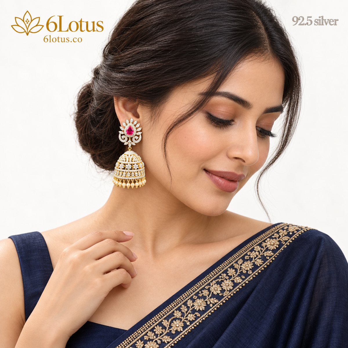 Pink Floral Lattice Jhumka Earrings — portrait — 1029