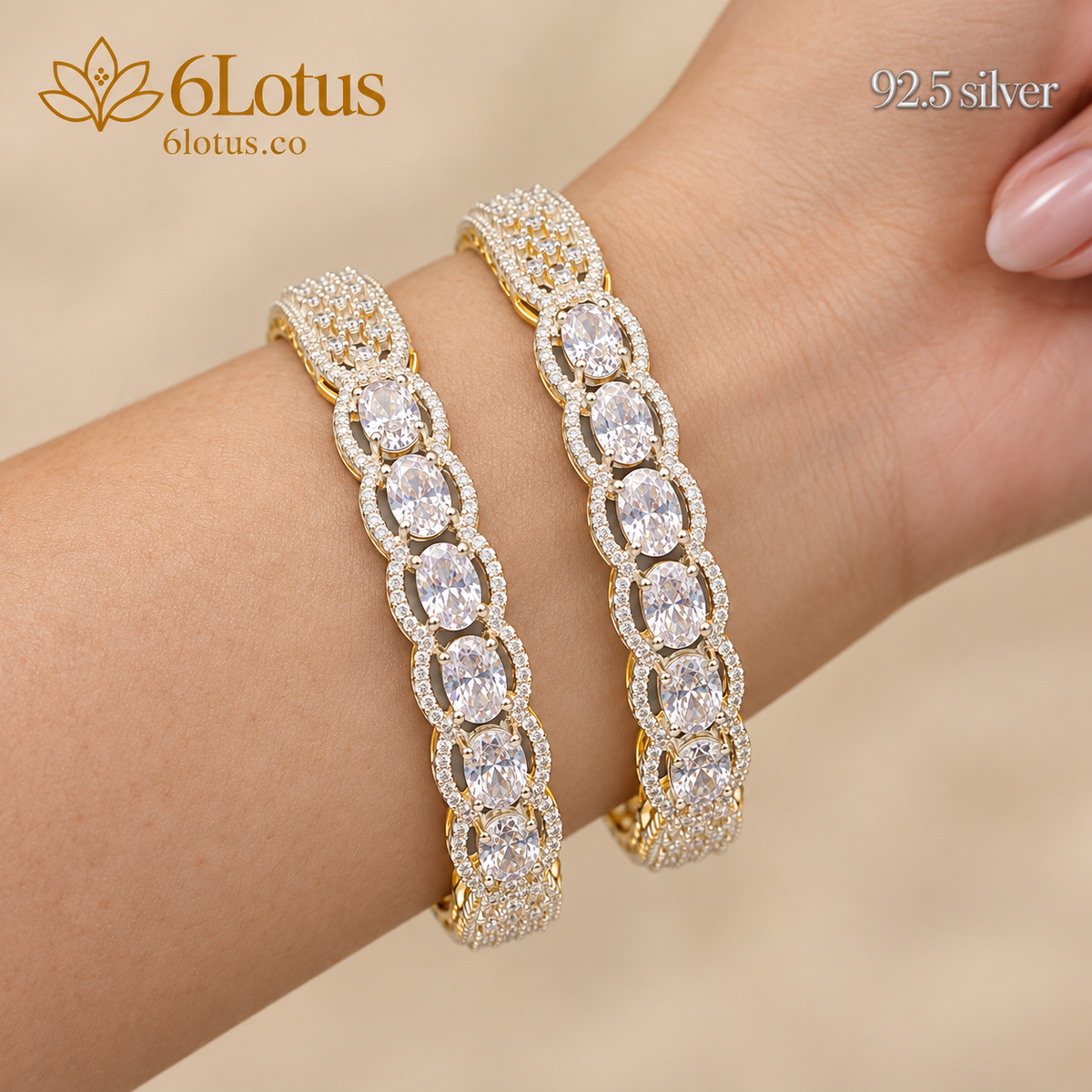 White Swarovski oval bangles, set of 2 — detail