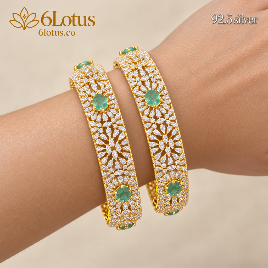 Hexagonal Emerald-Color Floral Bangles — detail