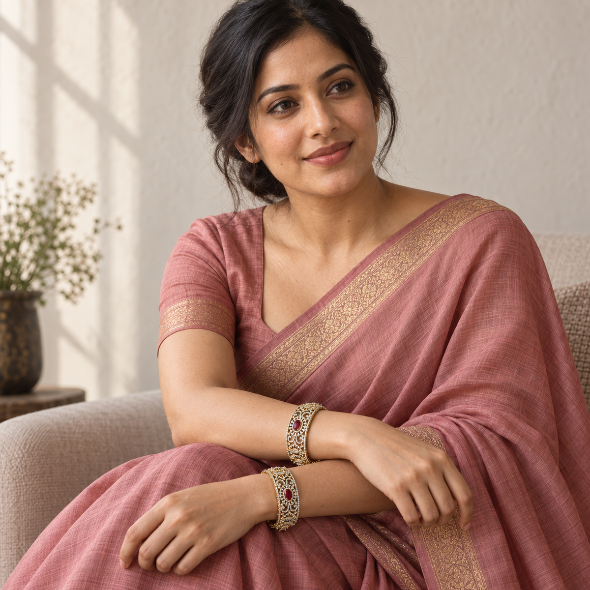 1051 ruby scroll bangles worn with a dusty rose saree